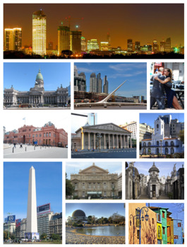 From top, left to right: panoramic view of the central business district, the Palace of the Argentine National Congress, Puente de la Mujer in Puerto Madero, tango dancers in San Telmo, Casa Rosada, the Metropolitan Cathedral, the Cabildo, the Obelisco, the Teatro Colón, La Recoleta Cemetery, the Planetario within the Palermo Woods, and Caminito in La Boca.