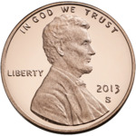 A 2013 one-cent coin from the United States (valued at 1/100 of a dollar), known colloquially as a penny.