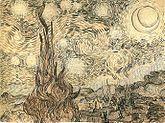  A drawing of a landscape in which the starry night sky takes up two thirds of the picture. In the left foreground a cypress tree extends from the bottom to the top of the picture. To the left, village houses and a church with a tall steeple are clustered at the foot of a mountain range. In the upper right is a crescent moon surrounded by a halo of light. There are many bright stars large and small, each surrounded by swirling halos. Across the centre of the sky the Milky Way is represented as a double swirling vortex