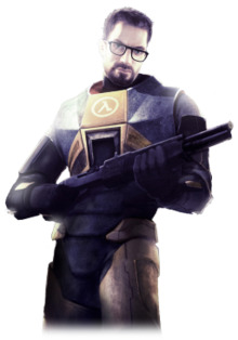 A Caucasian man in an armoured suit clutches a shotgun. The man has brown hair, a short beard and mustache, green eyes and thick black glasses. The suit is predominately orange with black trim, the Greek letter Lambda emblazoned on the suit's chest.