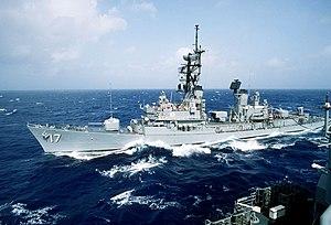USS Conyngham (DDG-17) underway in the Atlantic Ocean on 1 August 1985 (6409067).jpg