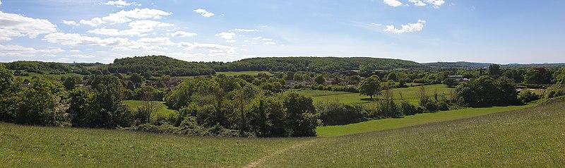 A view of Churchill village taken from Windmill Hill with the edge of the Mendip Hills in the background.