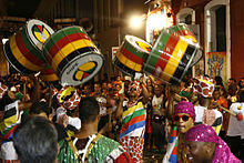 Samba-reggae drummers performing during the Brazilian festival of Carnaval