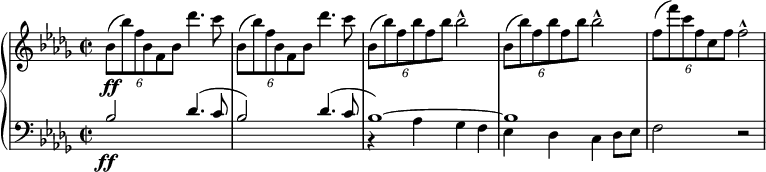  { \new PianoStaff << \new Staff \relative bes' { \set Staff.midiInstrument = #"piano" \key bes \minor \clef treble \time 2/2 \set Score.tempoHideNote = ##t \tempo 2 = 50 \once \override TupletBracket #'stencil = ##f \times 4/6 { bes8 \ff ( bes'8 ) f8 bes,8 f8 bes8 } des'4. c8 | % 2 \once \override TupletBracket #'stencil = ##f \times 4/6 { bes,8 ( bes'8 ) f8 bes,8 f8 bes8 } des'4. c8 | % 3 \noBreak \once \override TupletBracket #'stencil = ##f \times 4/6 { bes,8 ( bes'8 ) f8 bes8 f8 bes8 \noBreak } bes2 ^^ | % 4 \noBreak \once \override TupletBracket #'stencil = ##f \times 4/6 { bes,8 ( bes'8 ) f8 bes8 f8 bes8 } bes2 ^^ | % 5 \once \override TupletBracket #'stencil = ##f \times 4/6 { f8 ( f'8 ) c8 f,8 c8 f8 } f2 ^^ } \new Staff << \new Voice \set Staff.midiInstrument = #"piano" \relative bes { \clef "bass" \key bes \minor \stemUp \time 2/2 bes2 des4. ^( c8 | % 2 bes2 ) des4. ^( c8 | % 3 bes1 ) ~ | % 4 bes1 | % 5 } \relative as { \clef "bass" \key bes \minor \stemDown \time 2/2 s1*2 \ff | % 3 r4 as4 ges4 f4 | % 4 es4 des4 c4 des8 es8 | % 5 f2 r2 } >> >> } 