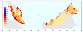 A map of Malaysia depicting the expected 2010 estimated population density.