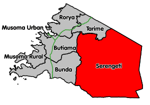Serengeti District's location within Mara Region. Paved trunk roads in green.