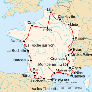 Route of the 1934 Tour de France followed clockwise, starting in Paris