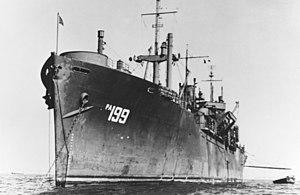 USS Magoffin (APA-199) at anchor, circa in 1945 (NH 74304).jpg