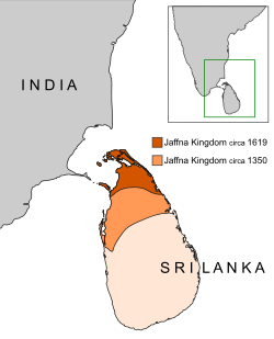 .mw-parser-output .legend{page-break-inside:avoid;break-inside:avoid-column}.mw-parser-output .legend-color{display:inline-block;min-width:1.25em;height:1.25em;line-height:1.25;margin:1px 0;text-align:center;border:1px solid black;background-color:transparent;color:black}.mw-parser-output .legend-text{}   Jaffna Kingdom at its greatest extent (circa 1350) .mw-parser-output .legend{page-break-inside:avoid;break-inside:avoid-column}.mw-parser-output .legend-color{display:inline-block;min-width:1.25em;height:1.25em;line-height:1.25;margin:1px 0;text-align:center;border:1px solid black;background-color:transparent;color:black}.mw-parser-output .legend-text{}   Jaffna Kingdom in 1619