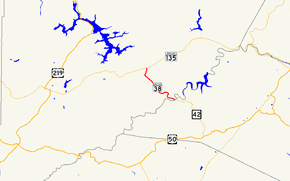 A map of southern Garrett County, Maryland showing major roads. Maryland Route 38 connects Kitzmiller with MD 135.