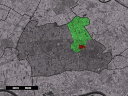 The town centre (red) and the statistical district (light green) of Tricht in the former municipality of Geldermalsen.