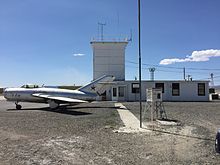 2015-04-18 12 22 48 Old jet aircraft and air traffic control facilities at Lovelock Airport-Derby Field in Pershing County, Nevada.jpg