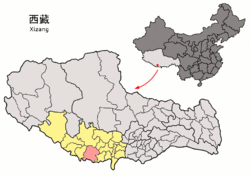 Location of Tingri County (red) within Xigazê City (yellow) and the Tibet Autonomous Region