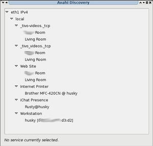 Avahi Discovery GUI showing discovered services