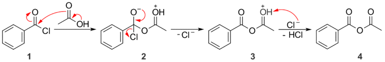 Benzoyl chloride and acetic acid react to give a mixed anhydride.