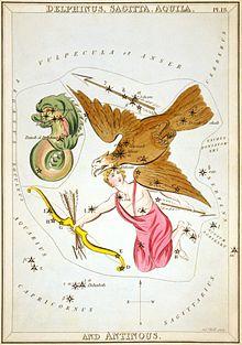 Drawing of a dolphin, eagle, archer, and arrow overlaid on a medieval star chart