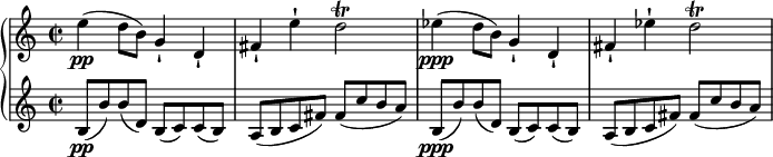  { \new PianoStaff << \new Staff \relative e'' { \set Staff.midiInstrument = #"piano" \key c \major \clef treble \time 2/2 \set Score.tempoHideNote = ##t \tempo 2 = 43 e4 \pp ( d8 b8 ) g4 -! d4 -! | % 2 fis4 -! e'4 -! d2 \trill | % 3 es4 \ppp ( d8 b8 ) g4 -! d4 -! | % 4 fis4 -! es'4 -! d2 \trill } \new Staff \relative b { \set Staff.midiInstrument = #"piano" \key c \major \clef treble \time 2/2 b8 \pp ( b'8 ) b8 ( d,8 ) b8 ( c8 ) c8 ( b8 ) | % 2 a8 ( b8 c8 fis8 ) fis8 ( c'8 b8 a8 ) | % 3 b,8 \ppp ( b'8 ) b8 ( d,8 ) b8 ( c8 ) c8 ( b8 ) | % 4 a8 ( b8 c8 fis8 ) fis8 ( c'8 b8 a8 ) } >> } 