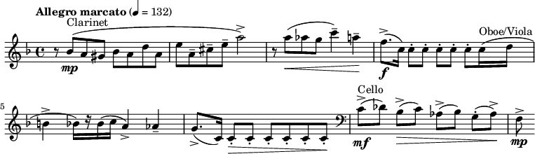  \relative c'' { \clef treble \time 4/4 \key d \minor \tempo "Allegro marcato" 4 = 132 r8 bes(^"Clarinet"\mp a gis bes a d a | e' a,-- cis-- e-- a2->) | r8 a(\< aes g c4--) a--\! | f8.->(\f c16) c8-. c-. c-. c-. c-. c16^"Oboe/Viola"( d | b4-> bes16)[ r bes( c] a4->) aes-- | g8.->( c,16) c8-.\> c-. c-. c-. c-. c-.\! | \clef bass c(->\mf^"Cello"[ des)] bes(\>->[ c)] aes->([ bes)] g(-.[ aes->)\!] | f\mp-> } 