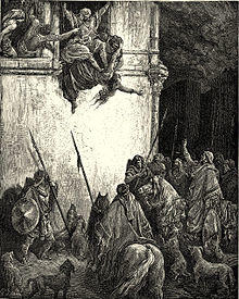 Engraving of Jezebel being thrown out of a window to waiting mounted troops and dogs