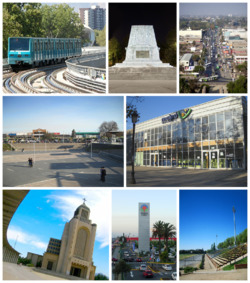Top left:A Santiago Metro train arriving in Maipú, Top middle: Battle of Bailén Memorial, Top right: April 5th Avenue, Middle left: Maipú Main Square, Middle right: Maipu Municipal Theater, Bottom left: Votive Temple, Bottom middle: Mall Arauco Maipú, Bottom right: Santiago Bueras Stadium