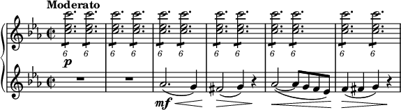  { \new PianoStaff << \new Staff \relative c'' { \set Staff.midiInstrument = #"piano" \key c \minor \clef treble \time 2/2 \set Score.tempoHideNote = ##t \tempo "Moderato" 2 = 60 \times 4/6 { <c es c'>2. \p :8 } \times 4/6 { <c es c'>2. :8 } | % 2 \times 4/6 { <c es c'>2. :8 } \times 4/6 { <c es c'>2. :8 } | % 3 \times 4/6 { <c es c'>2. :8 } \times 4/6 { <c es c'>2. :8 } | % 4 \times 4/6 { <c es c'>2. :8 } \times 4/6 { <c es c'>2. :8 } | % 5 \times 4/6 { <c es c'>2. :8 } \times 4/6 { <c es c'>2. :8 } | % 6 \times 4/6 { <c es c'>2. :8 } \times 4/6 { <c es c'>2. :8 } } \new Staff \relative as' { \set Staff.midiInstrument = #"piano" \key c \minor \clef treble \time 2/2 R1*2 | % 3 as2. \mf \< ( g4 ) | % 4 fis2 \! \> ( g4 ) r4 \! | % 5 as2 \< ( ~ as8 g8 f8 es8 ) | % 6 f4 \! \> ( fis4 g4 ) r4 \! } >> } 