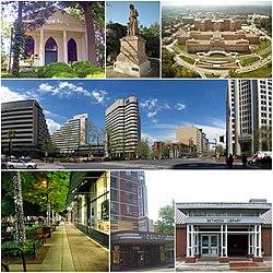 From top: Bethesda Meeting House, Bethesda's Madonna of the Trail statue, the National Institutes of Health, downtown Bethesda near the Bethesda Metro station, Bethesda Avenue at night, Bethesda Theatre, and Bethesda Library.