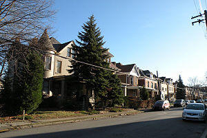 A view of a residential street in the Highland Park neighborhood of Pittsburgh, Pennsylvania.