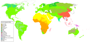 Map showing the distribution of language families; the pink color shows where Austronesian languages are spoken.