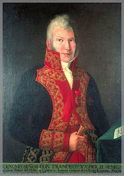 Painting of a gray-haired man in a blue military uniform with red lapels trimmed with gold lace. He looks straight at the viewer and clutches a rolled-up document in his right hand.