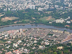 Aerial view Nandanam, north bank of the Adyar River and Kotturpuram on the south. type=neighbourhood