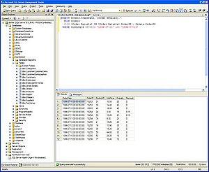 Earlier version of Microsoft SQL Server Management Studio showing a query, the results of the query, and the Object Explorer pane while connected to a SQL Server database engine instance.