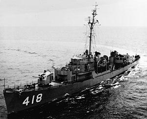 USS Tabberer (DE-418) underway at sea, in the 1950s (NH 73660).jpg