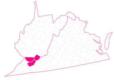 Geographical boundary of the Pocahontas Coalfield (in pink) comprising Tazewell County Virginia, McDowell County West Virginia and Mercer County West Virginia