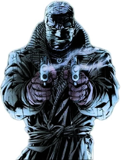 Hush holding his trademark twin M1911 .45 caliber pistols.