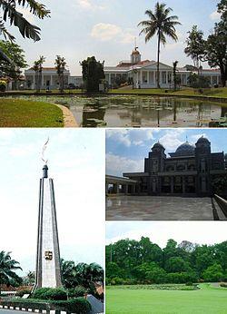 Clockwise from top: Bogor Palace, Great Mosque of Bogor, Bogor Botanical Garden, Kujang Monument
