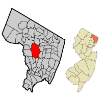 Map highlighting Paramus' location within Bergen County. Inset: Bergen County's location within New Jersey.