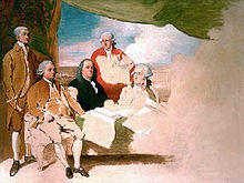 Portrait of the four principle US ministers in Paris; left to right, John Jay, John Adams, Benjamin Franklin, Henry Laurens, and their secretary on the far right.
