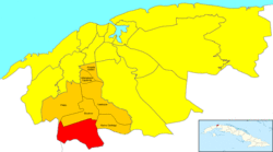 Location of Santiago de las vegas (red) within Boyeros (orange) and Havana