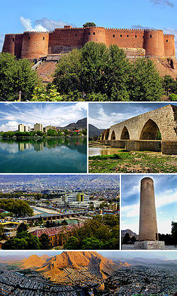 Montage of Khorramabad, Clockwise:Falak-ol-Aflak Castle, Keeyow lake, Shapuri bridge, View of the Khorramabad city, Brick Minaret, Panorama of the Khorramabad