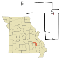 Location of Arcadia within Iron County, Missouri