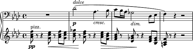  { \new PianoStaff << \new Staff \relative des' { \set Staff.midiInstrument = #"piano" \key aes \major \clef bass \time 4/4 \set Score.tempoHideNote = ##t \tempo 4 = 54 R1 | % 2 des2 \p ^\markup{ \italic {dolce} } ( as4. _\markup{ \italic {cresc.} } bes8 | % 3 c8 bes16 as16 ges2 _\markup{ \italic {dim.} } des8 es8 | % 4 f4 ) r4 r2 } \new Staff \relative as' { \set Staff.midiInstrument = #"piano" \key aes \major \clef treble \time 4/4 <as c f>8 \pp ^"pizz." r8 r4 <g c es>8 \< r8 <as c f>8 <g c es>8 | % 2 <bes des ges>8 r8 \! <as des f>8 r8 r4 <as c es>8 \> <f bes des>8 | % 3 <f as c>8 r8 <des ges bes>8 r8 \! r4 <des f as>8 <bes es ges>8 | % 4 <a c f>8 r8 r4 r2 } >> } 