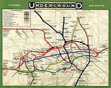 A map titled "London Underground Railways" showing each of the underground railway lines in a different colour with stations marked as blobs. Faint background detail shows the River Thames, roads and non-underground lines.