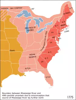 The Thirteen Colonies (shown in red) in 1775