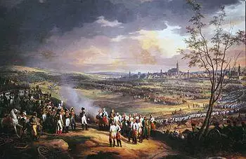 Colored painting showing Napoleon receiving the surrender of General Mack, with the city of Ulm in the background.