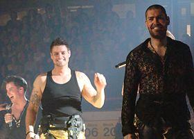 Shane Lynch (right) on stage with Keith Duffy (centre) and Stephen Gately (left)