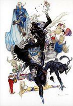 An artwork by Yoshitaka Amano depicting a group of fourteen characters, the playable cast of Final Fantasy VI