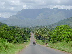 The road to Korogwe with the Usambara mountains in the back ground.