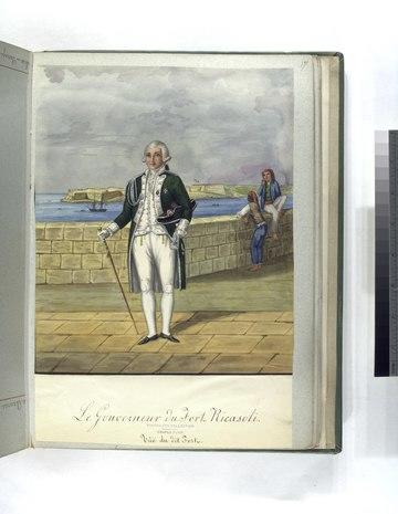 18th century painting of the Hospitaller Governor of Fort Ricasoli, with the fort itself in the background