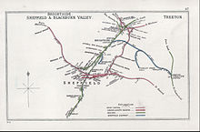 Railway Clearing House map showing the Wadsley Bridge to Sheffield Victoria section of the route