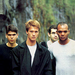 The band in 1987 (picture from the cover art of Que País é Este). From left to right: Dado Villa-Lobos, Marcelo Bonfá, Renato Russo and Renato Rocha
